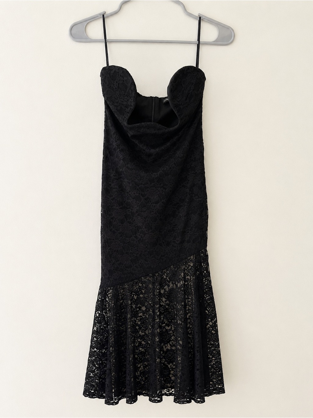 Fashion Nova Black Lace Cowl Neck Mermaid Midi Dress Size M Sheer Hem